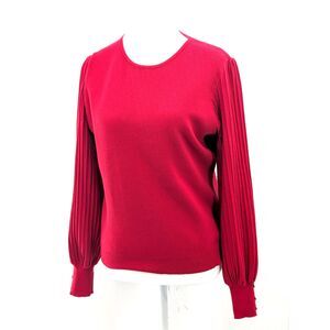 Nanette Lepore Red Lurex Ribbed Pleated Sleeve Crewneck Sweater Size Large